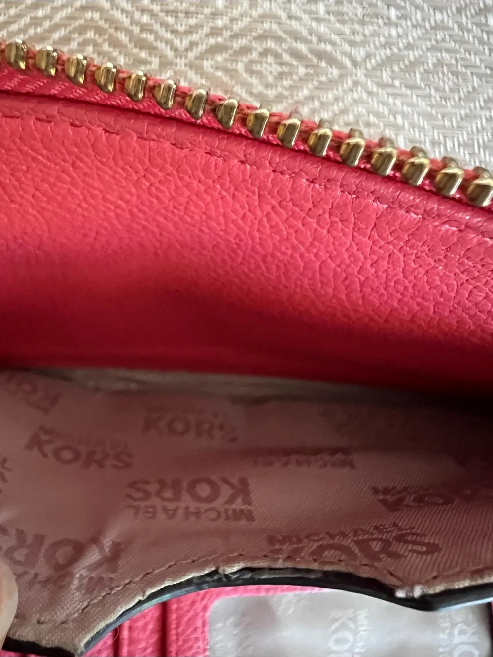 Michael Kors Fulton Pinkish Red Zip Around Leather Phone Case Wristlet Wallet